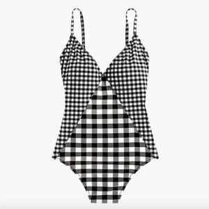J Crew Deep V neck One piece Swimsuit Black and Ivory Gingham Size 8 and 10 NWT